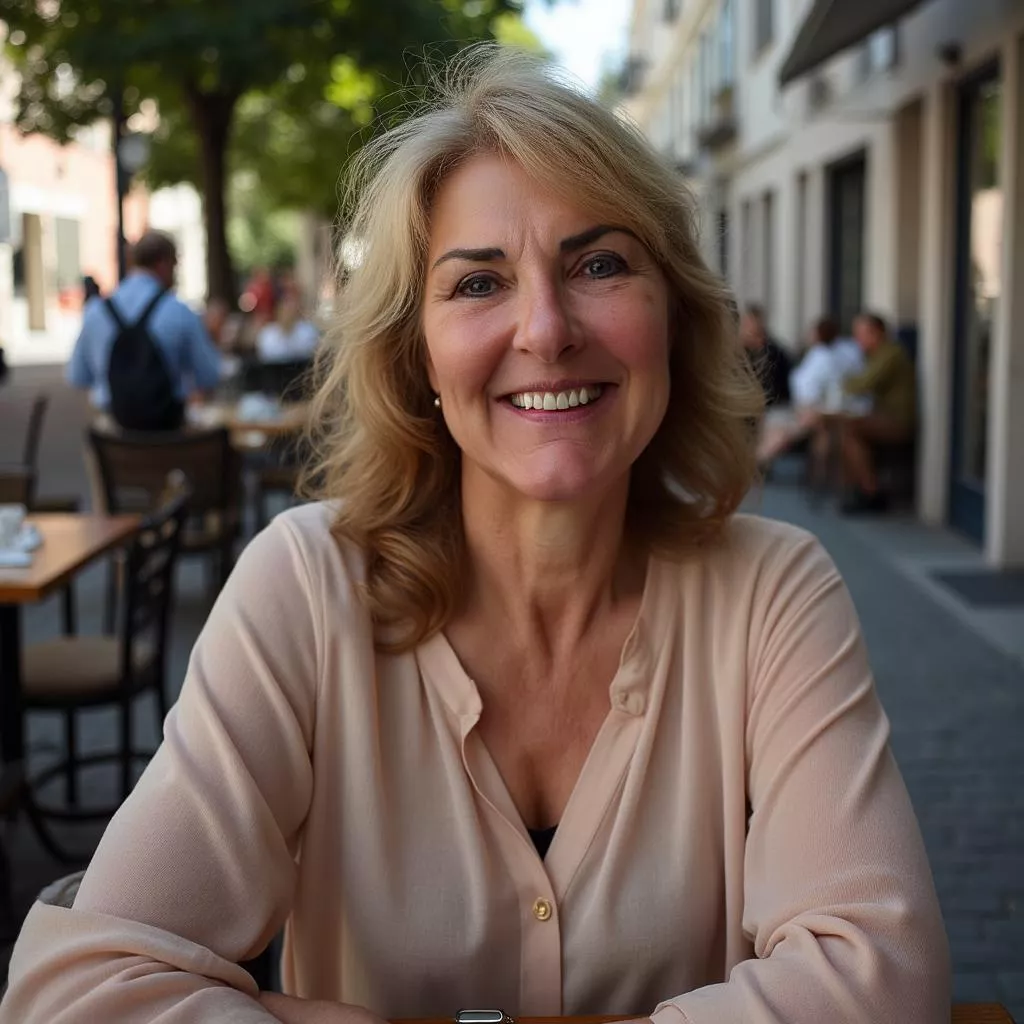 Heike lächelt dich an in einem Straßencafé sitzend