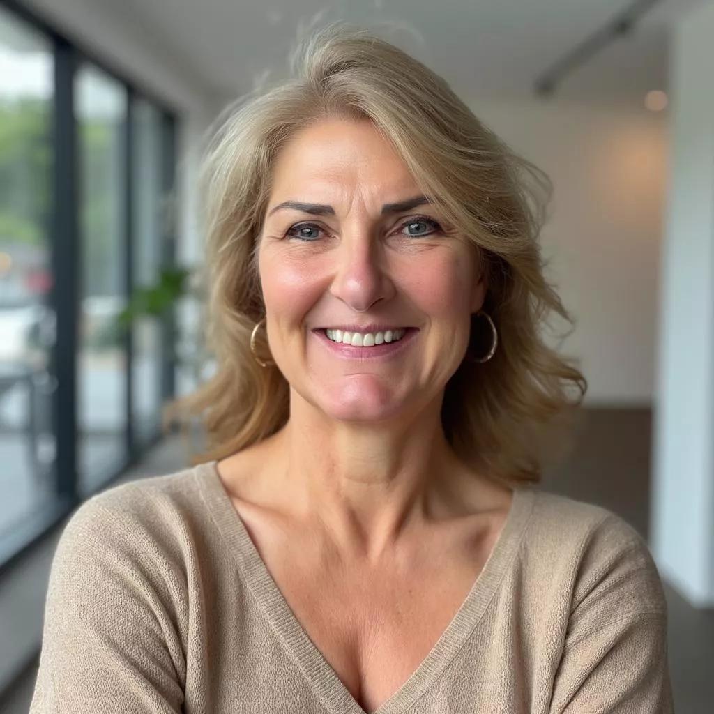 Heike lächelnd im Geschäftsraum