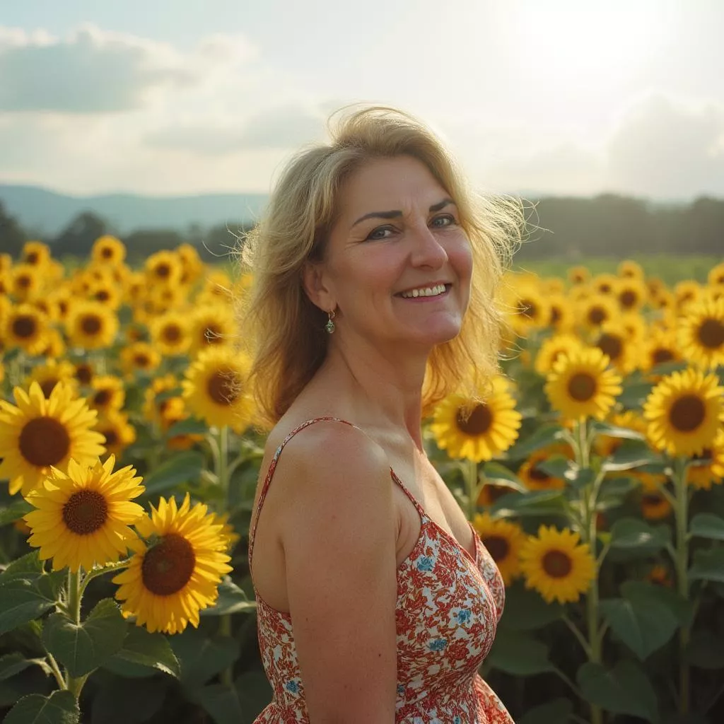 Heike vor einem Sonnenblumenfeld